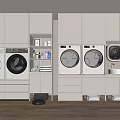 Neat Modern Laundry Room With Washing Machines Dryers Countertop And Storage Cabinets
