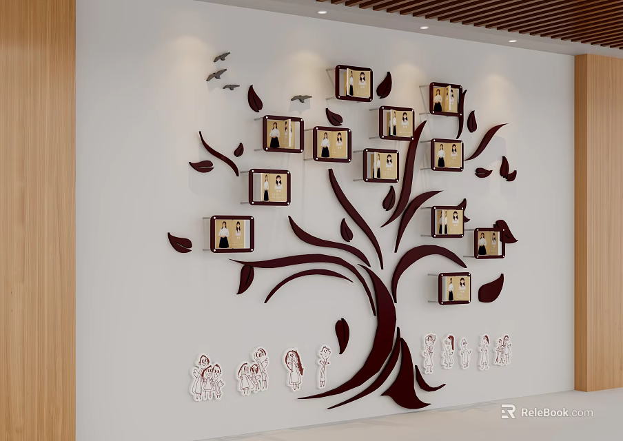 Kindergarten Wall Decoration With Tree Shaped Design Photo Frames Leaves And Birds 3d model 