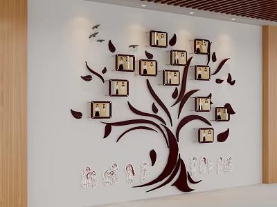 Kindergarten Wall Decoration With Tree Shaped Design Photo Frames Leaves And Birds 3d model