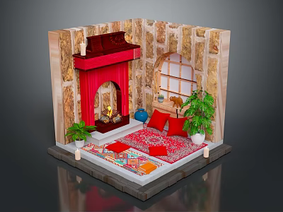 Traditional Indoor Scene with Stone Walls Red Cushions Colorful Rug Lattice Window Fireplace and Plants 3d model