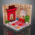 Traditional Indoor Scene with Stone Walls Red Cushions Colorful Rug Lattice Window Fireplace and Plants