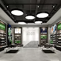 Modern Shoe Store Interior With Round Ceiling Lights Display Tables And Shoe Racks 3d model