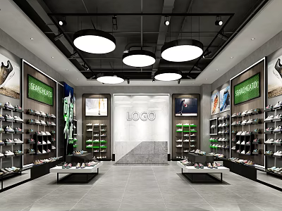 Modern Shoe Store Interior With Round Ceiling Lights Display Tables And Shoe Racks 3d model