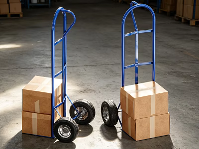 Heavy Duty Blue Hand Trucks With Stacked Cardboard Boxes In Warehouse 3d model