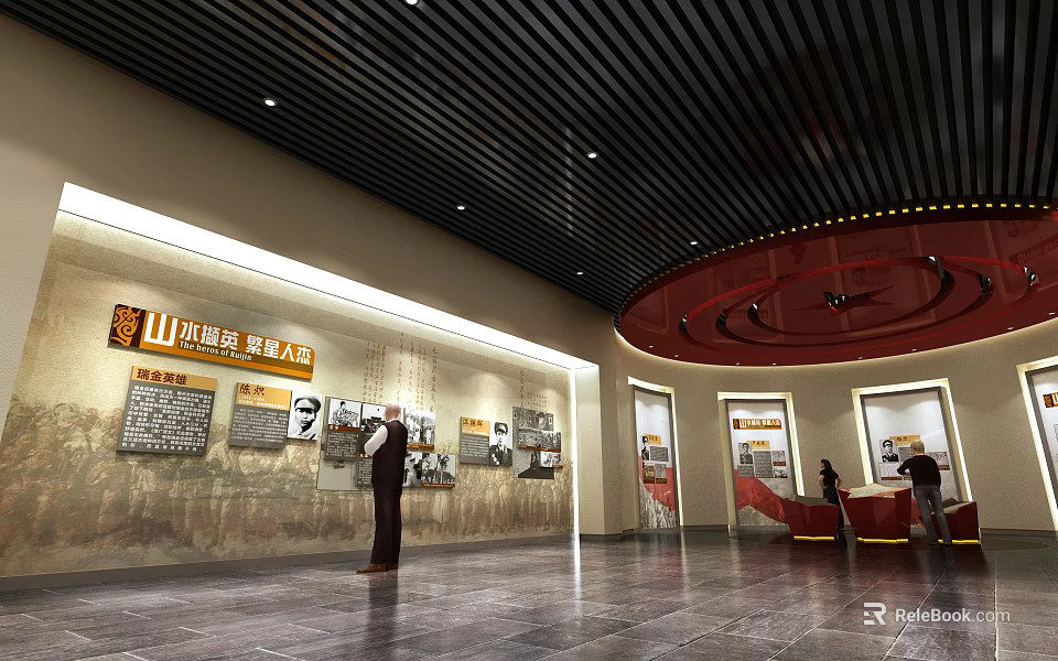 Shandong Energy Black Pottery Culture Exhibition Interior With Display Panels And Visitors 3d model 