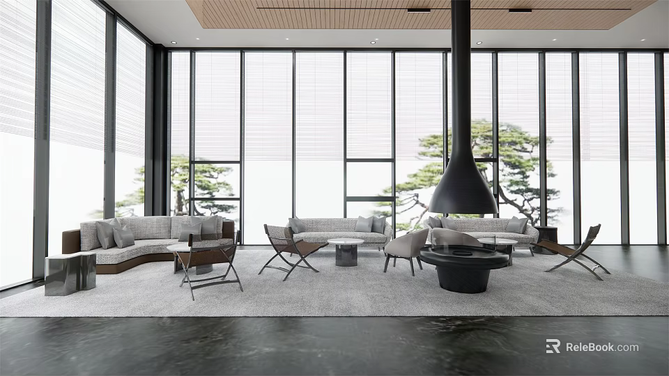 Modern Leisure Area With Large Windows Sofa Chairs Black Chimney Rug And Tree View 3d model 