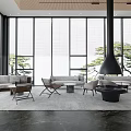 Modern Leisure Area With Large Windows Sofa Chairs Black Chimney Rug And Tree View
