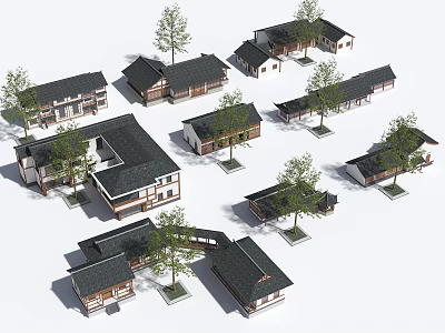 Multiple Rural Self Built Houses Traditional Design With Black Roofs And Trees 3d model