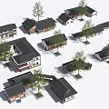 Multiple Rural Self Built Houses Traditional Design With Black Roofs And Trees