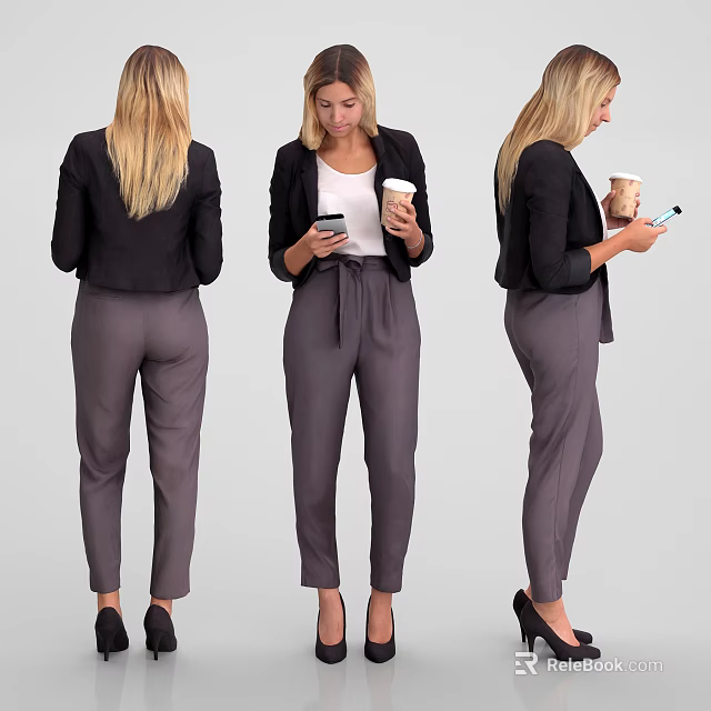 Woman In Black Blazer Grey Pants And Heels Holding Phone And Coffee Cup 3d model