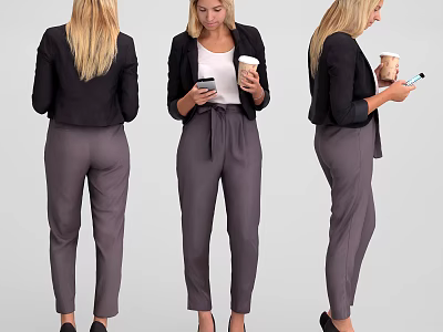Woman In Black Blazer Grey Pants And Heels Holding Phone And Coffee Cup 3d model