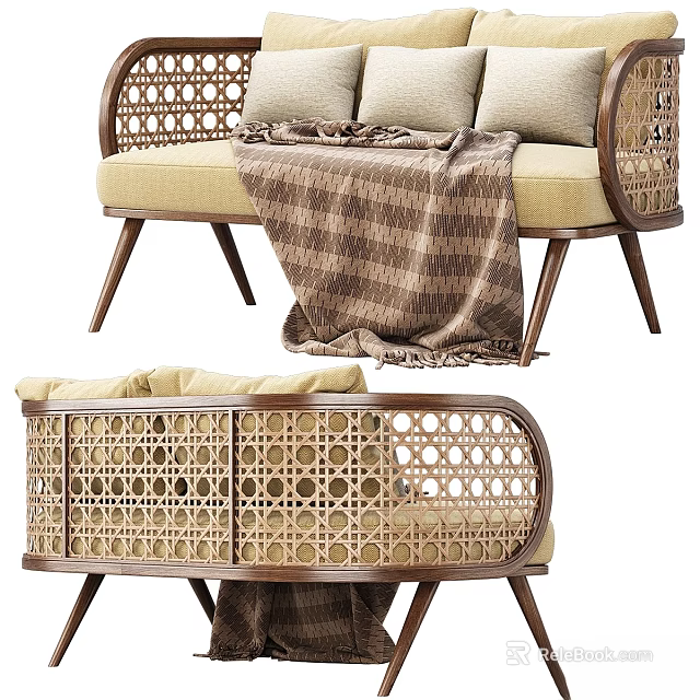 Beige Two Seater Sofa With Rattan Details Wooden Legs And Plaid Blanket 3d model 