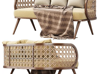 Beige Two Seater Sofa With Rattan Details Wooden Legs And Plaid Blanket 3d model