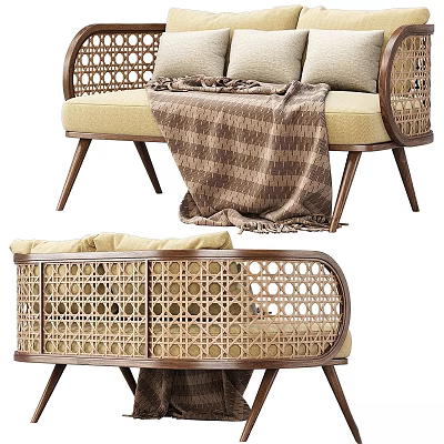 Beige Two Seater Sofa With Rattan Details Wooden Legs And Plaid Blanket 3d model