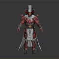Creature Inspired Warrior Character In Red Armor With Horns And Swords
