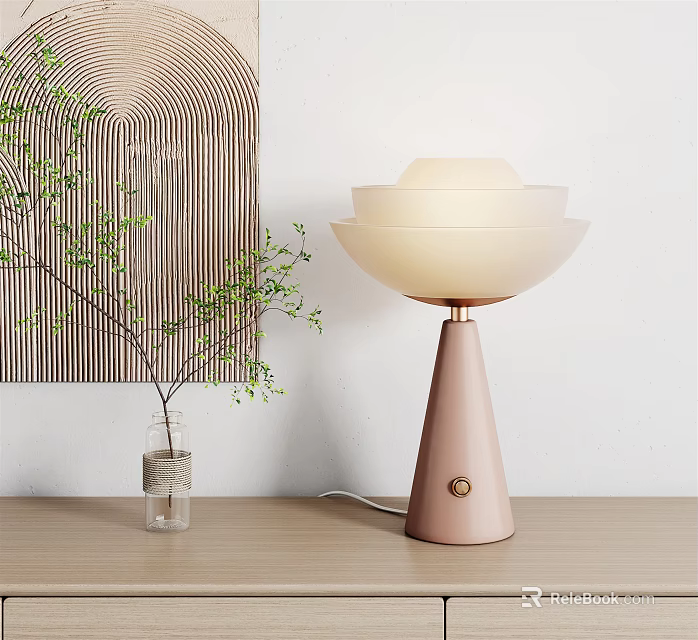 Modern Pastel Pink Table Lamp with Layered White Shade and Green Plant Decor 3d model 