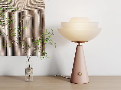 Modern Pastel Pink Table Lamp with Layered White Shade and Green Plant Decor 3d model