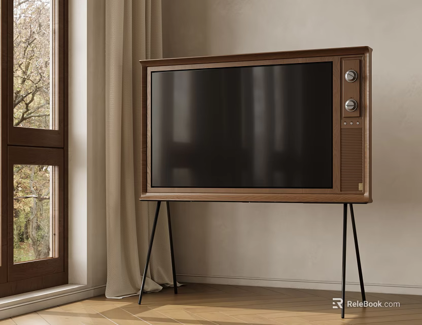 Vintage Wooden Television on Stand with Black Thin Legs near Window and Curtain 3d model 