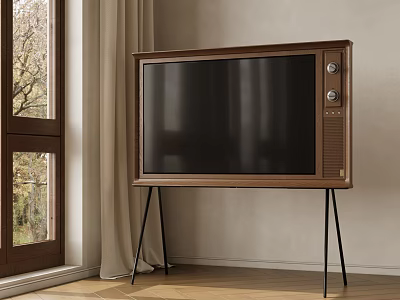 Vintage Wooden Television on Stand with Black Thin Legs near Window and Curtain 3d model