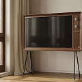 Vintage Wooden Television on Stand with Black Thin Legs near Window and Curtain