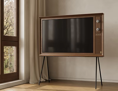 Vintage Wooden Television on Stand with Black Thin Legs near Window and Curtain 3d model