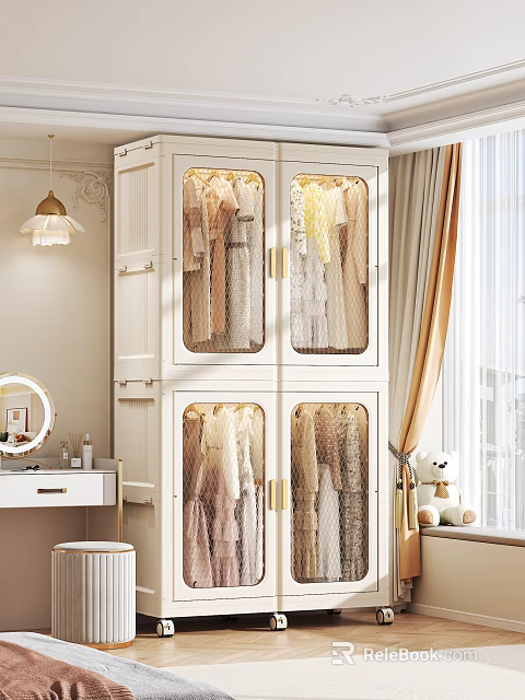 Elegant White Wardrobe Interior Design With Glass Doors Gold Handles And Clothes 3d model 