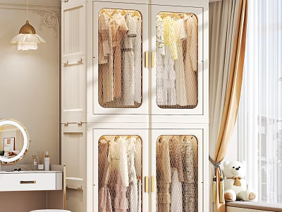Elegant White Wardrobe Interior Design With Glass Doors Gold Handles And Clothes 3d model