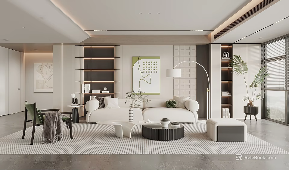 Modern Living Room Interior With White Sofa Striped Rug Floor Lamp Art And Green Plant 3d model 