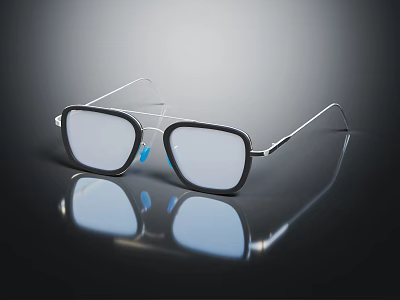 Square Frame Sunglasses With Black Silver Metal Plastic Design And Reflective Lenses 3d model