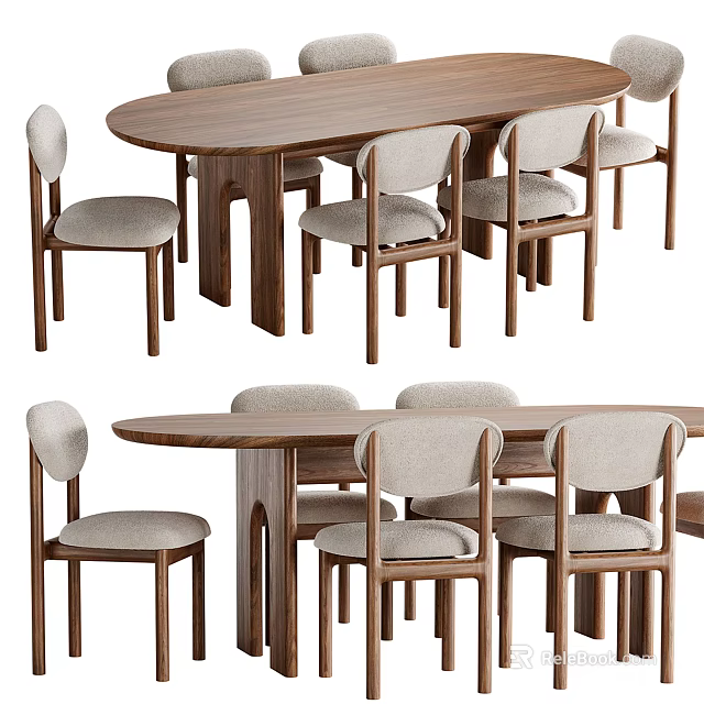 Elegant Modern Walnut Wood Dining Table Set With Six Upholstered Chairs 3d model