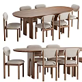 Elegant Modern Walnut Wood Dining Table Set With Six Upholstered Chairs 3d model