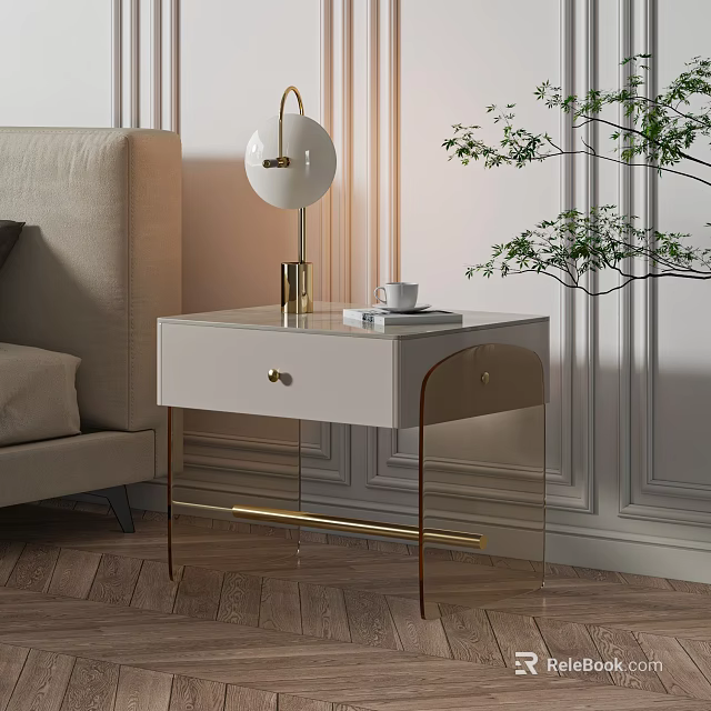 Modern Bedside Table With Marble Top Gold Accents And Lamp Near Sofa 3d model 