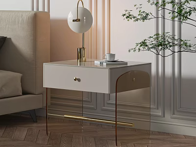 Modern Bedside Table With Marble Top Gold Accents And Lamp Near Sofa 3d model