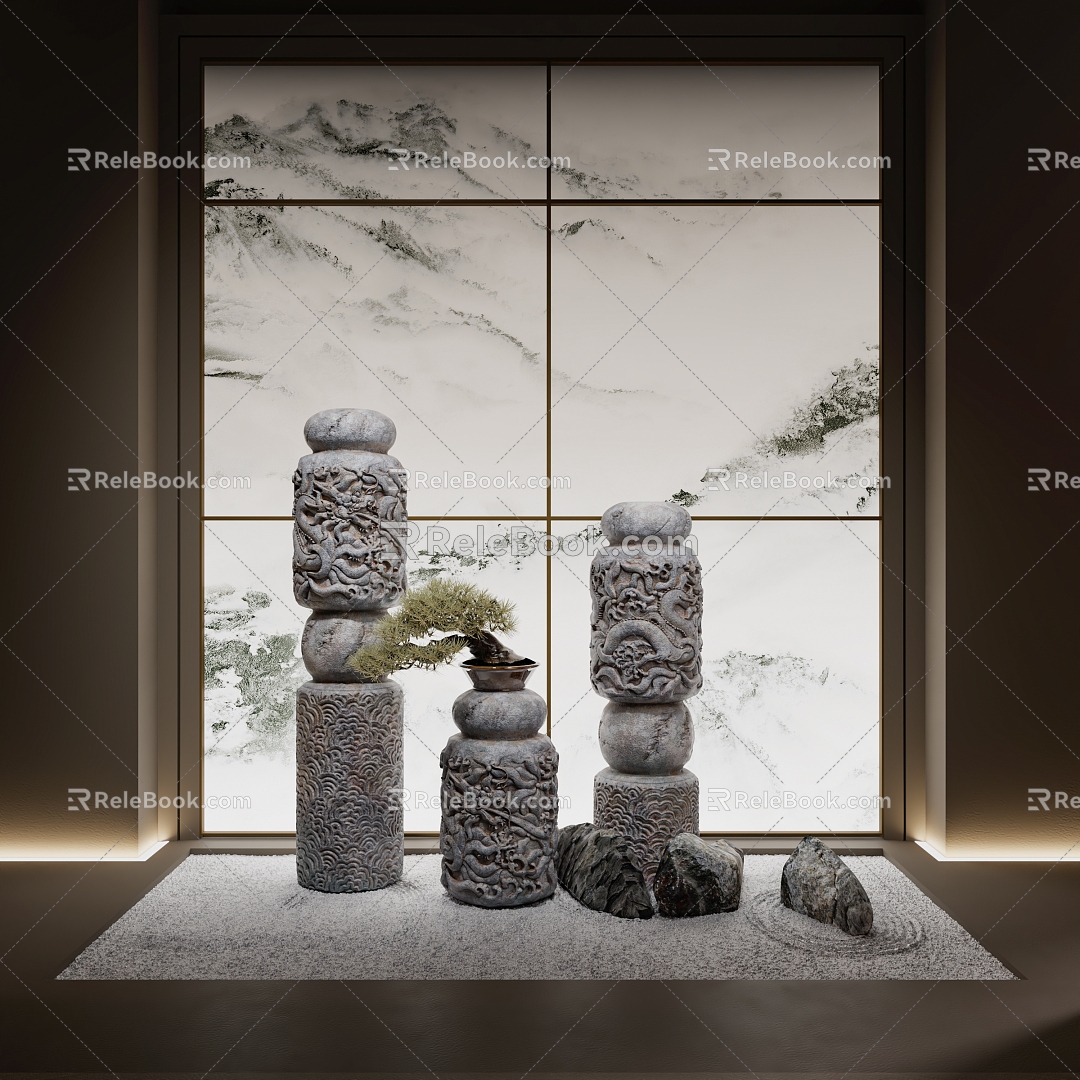 New Chinese-style Carved Stone Pillar New Chinese-style Landscape Landscape Ornaments Horse-tied Stone 3d model