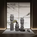Decorative Ornament Set Featuring Carved Stone Pillars Potted Tree Stones Against Marble Window Natural Landscape