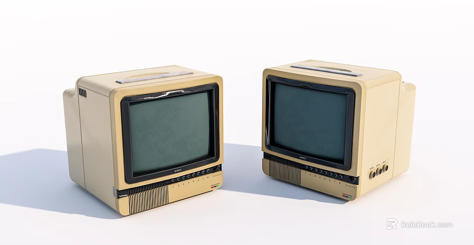 Two Vintage Beige Televisions With Classic Boxy Design And Old-fashioned Screens 3d model 