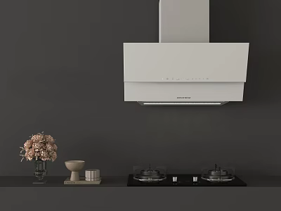 Modern Kitchen Setup With White Range Hood Black Gas Stove And Decorative Items 3d model