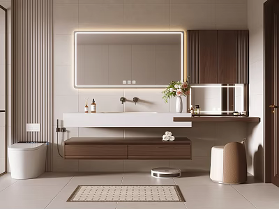 Modern Minimalist Bathroom Vanity Interior Design With Large Mirror White Countertop And Wooden Cabinet 3d model