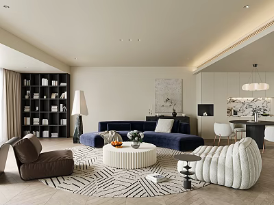 Modern Living And Dining Area With Navy Blue Sofa Round Coffee Table And Bookshelf 3d model