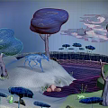 Whimsical Cartoon Winter Landscape With Blue Trees Snowy Ground Pond Clouds And Small Plants