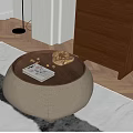 Round Coffee Table with Wooden Top Woven Texture holding Book and Nuts on Rug