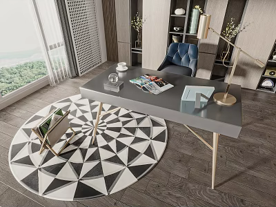 Modern Gray Desk With Blue Chair Geometric Rug Table Lamp And Scenic Window View 3d model