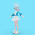 3D Girl Character With White Hair Blue Eyes Halo White Dress And Blue Sleeves