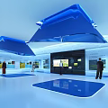 Modern Exhibition Hall Interior Featuring Blue Architectural Structures And Digital Screens 3d model