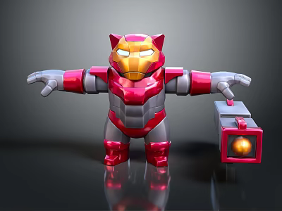 Red and Silver Armored Superhero Character With Open Arms And Red Box Containing Golden Sphere 3d model