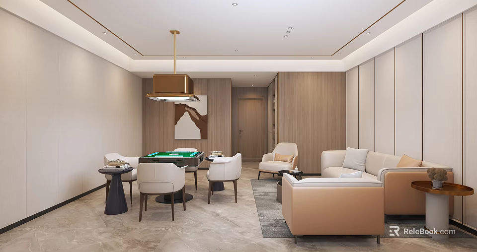 Elegant Hotel Mahjong Room Interior With Green Table White Chairs And Comfortable Sofa Lounge Area 3d model 