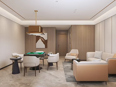 Elegant Hotel Mahjong Room Interior With Green Table White Chairs And Comfortable Sofa Lounge Area 3d model