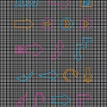 Vibrant Colorful Neon Arrow Decorative Lights in Various Shapes on Dark Grid Background