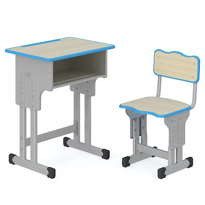 Student School Desk And Chair Set With Blue Edge Light Wood Top And Gray Frame 3d model