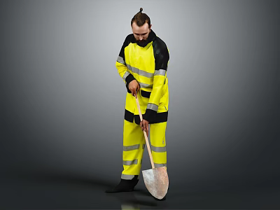 Man In Yellow Reflective Work Uniform Holding Shovel Standing Against Grey Background 3d model